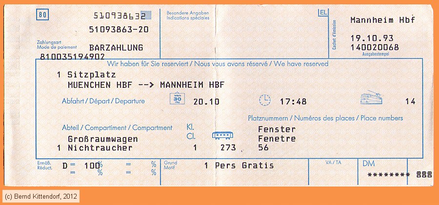 Deutsche Bundesbahn - Reservierung 
/ Bild: db_fk19931019res2.jpg
