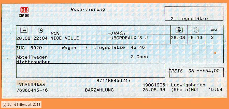 Deutsche Bahn - Reservierung
/ Bild: db_fk19980828resliege.jpg