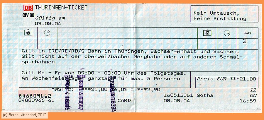 Deutsche Bahn - Thüringen-Ticket
/ Bild: db_fk20040809tt.jpg