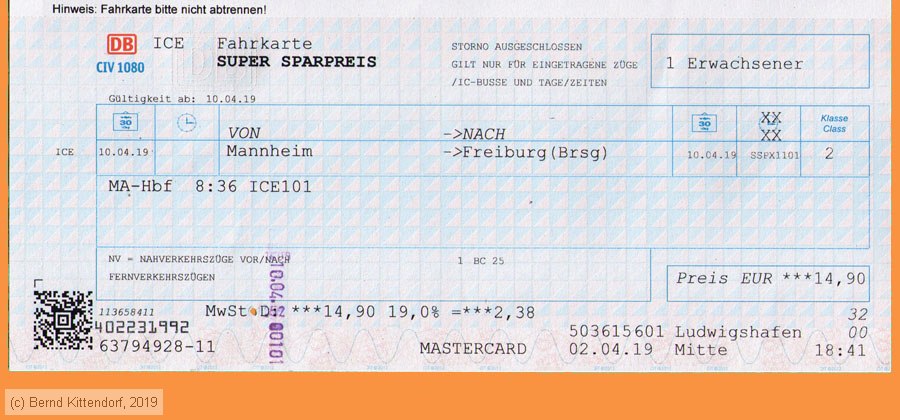 Deutsche Bahn - Fahrkarte Super Sparpreis
/ Bild: db_fk20190410r1a.jpg