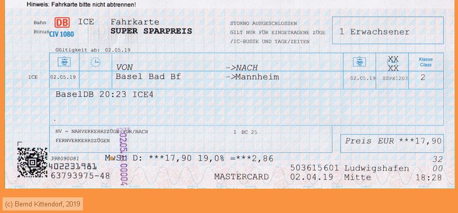 Deutsche Bahn - Fahrkarte Super Sparpreis
/ Bild: db_fk20190502r2a.jpg