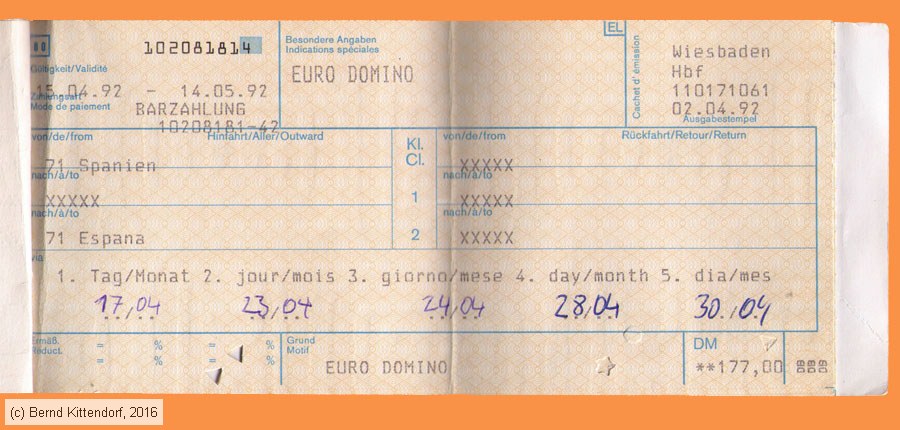 Deutsche Bundesbahn - Euro-Domino Fahrkarte
/ Bild: db_fk19920416eurodominorenfe.jpg