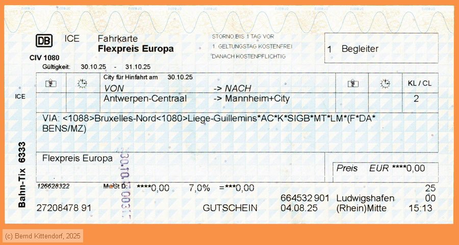 Deutsche Bahn - Fahrkarte Flexpreis Europa
/ Bild: db_fk20251030r1b.jpg Deutsche Bahn - Fahrkarte Flexpreis Europa
/ Bild: db_fk20251030r1b.jpg