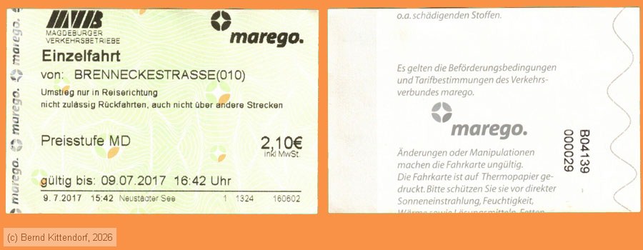 Magdeburger Verkehrsbetriebe - Fahrkarte
/ Bild: magdeburg_fk20170709efk210.jpg Magdeburger Verkehrsbetriebe - Fahrkarte
/ Bild: magdeburg_fk20170709efk210.jpg