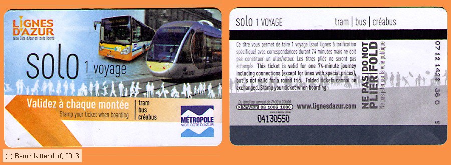 Nice - Lignes d'Azur - Fahrkarte
/ Bild: nice_fk20131207solo.jpg Nice - Lignes d'Azur - Fahrkarte
/ Bild: nice_fk20131207solo.jpg