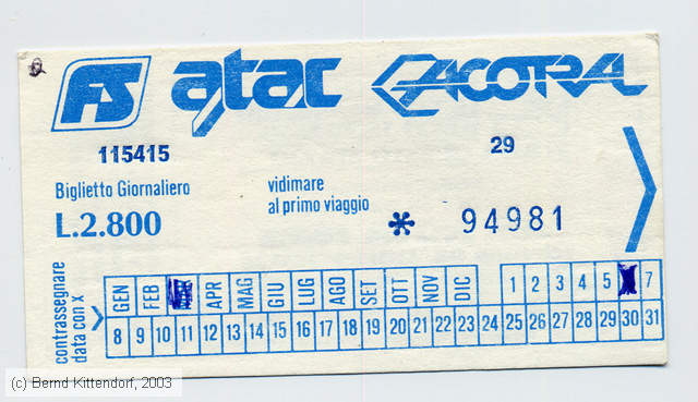 Roma - FS - ATAC - Acotral - Fahrkarte
/ Bild: romazfk2800.jpg